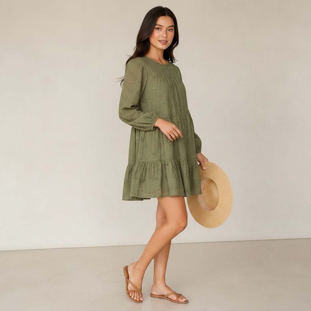 Birds of Paradis by Trovata Olive Green Eyelet Tiered Mini Dress Size XS